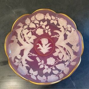 Vintage pink glass engraved floral platter gold trim